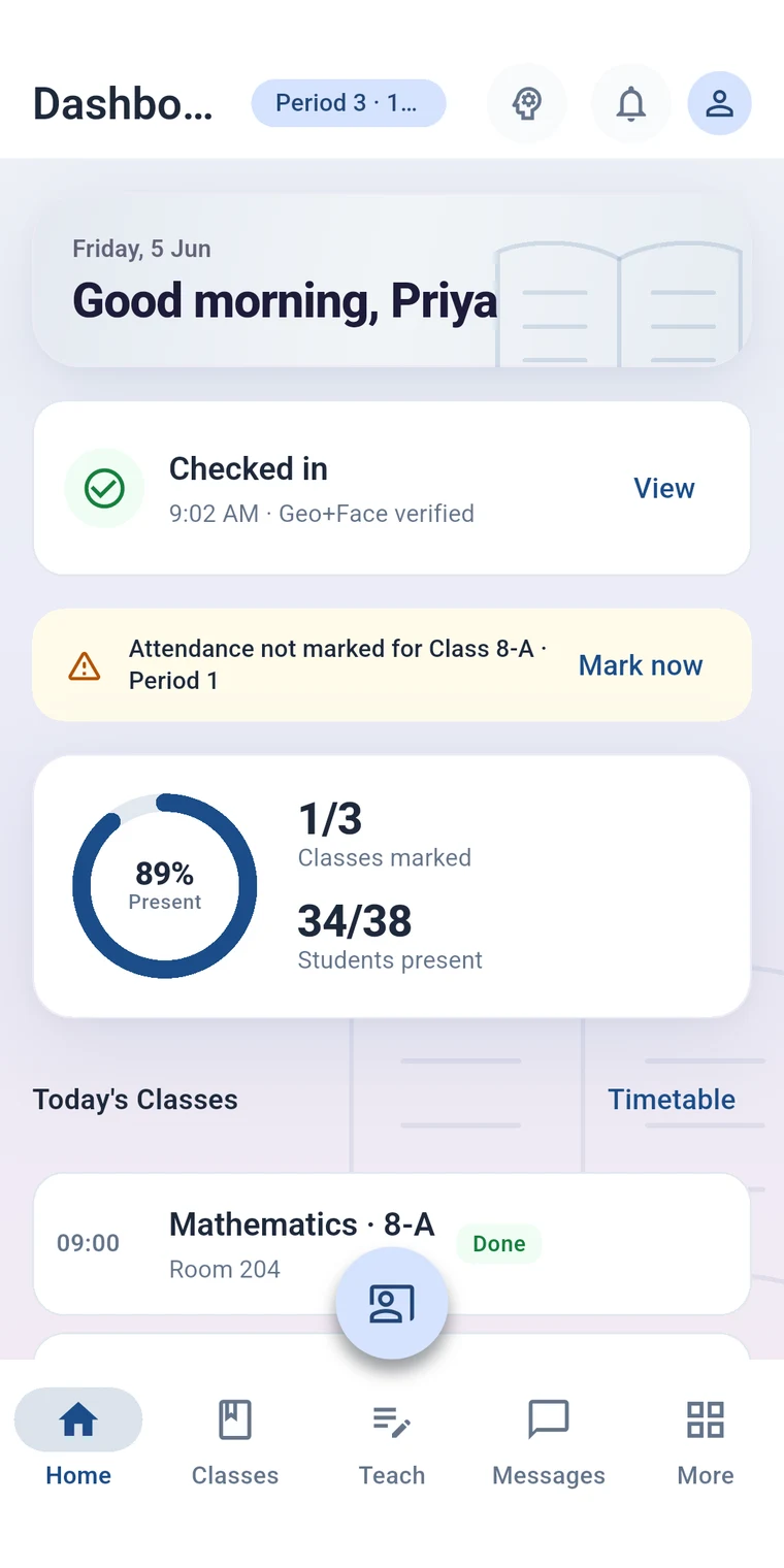 Teacher app showing 89% present and 34 of 38 students